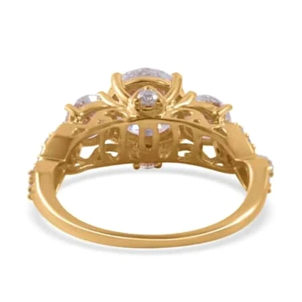 Genuine Moissanite Trilogy Ring In 14k YG Vermeil.